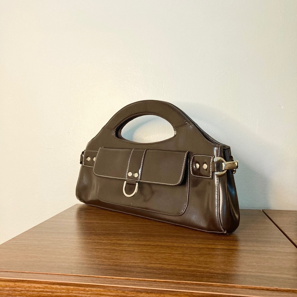 Vintage Y2K Chocolate Brown Patent Faux Leather Cutout Top Handle Bag Satchel